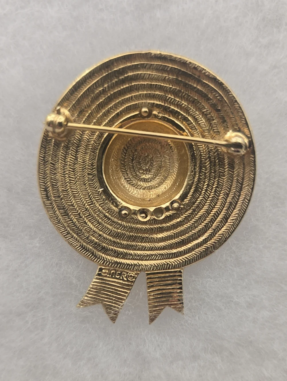 CINER Gold Tone Straw Hat Brooch with Multicolor Accent